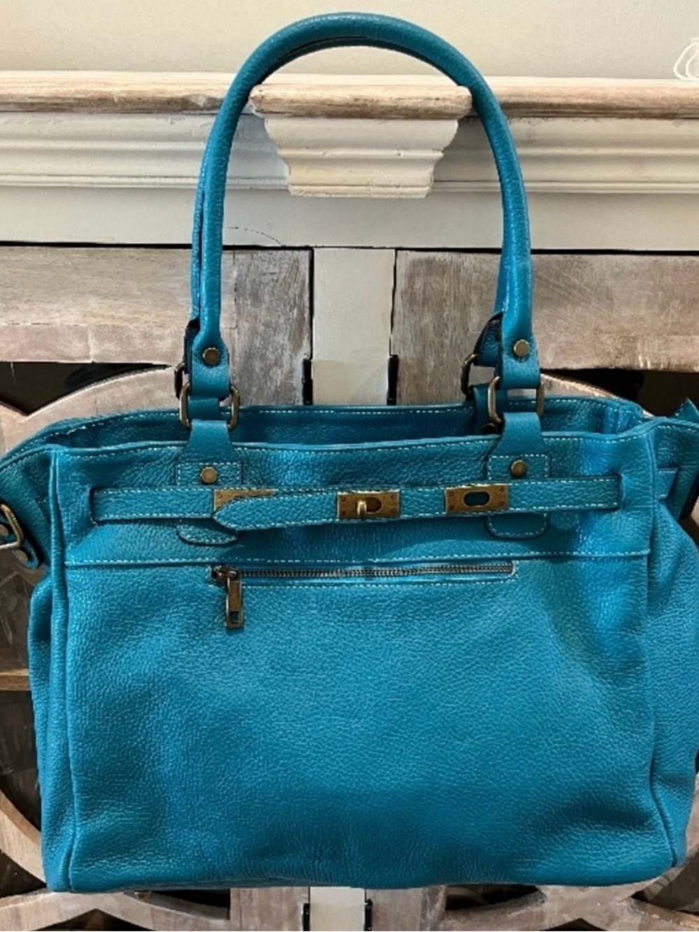 Turquoise Leather Satchel Handbag - Women Bags